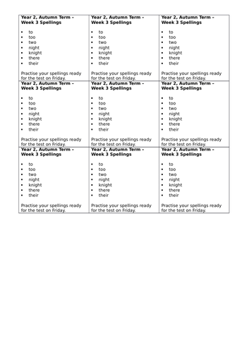 Year 2, No Nonsense Spelling List - Autumn, Week 3