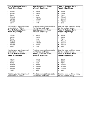 Year 2, No Nonsense Spelling List - Autumn, Week 4