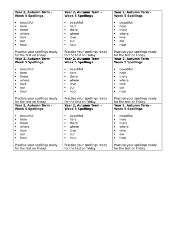 Year 2, No Nonsense Spelling List - Autumn, Week 5