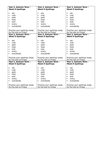 Year 2, No Nonsense Spelling List - Autumn, Week 8