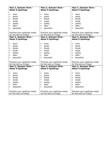 Year 2, No Nonsense Spelling List - Autumn, Week 9