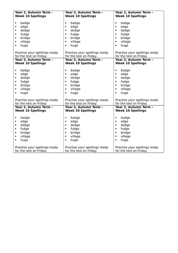 Year 2, No Nonsense Spelling List - Autumn, Week 10