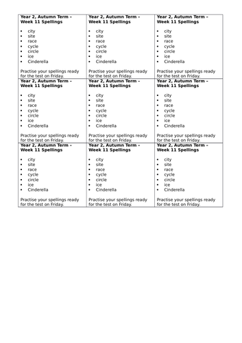 Year 2, No Nonsense Spelling List - Autumn, Week 11