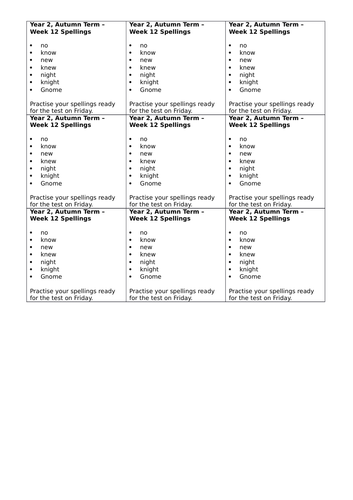 Year 2, No Nonsense Spelling List - Autumn, Week 12