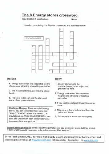 Energy stores. Differentiated worksheet (crossword) with answers.  (Energy types).