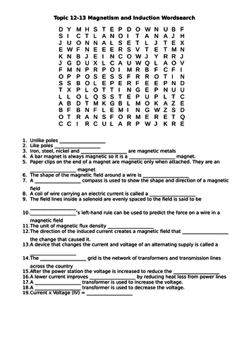 Topic 12-13 Magnetism and Induction Wordsearch