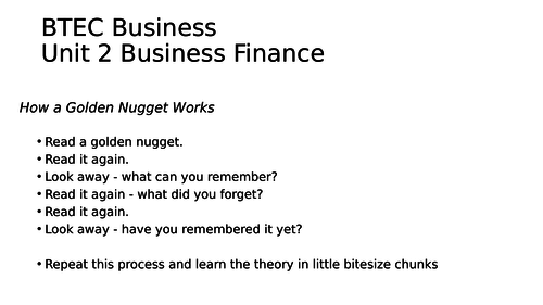 BTEC Business - Unit 2 Business Finance Golden Nuggets of Revision