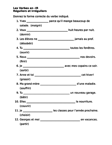 IR Verbs in French Verbes IR Regular and Irregular Worksheet