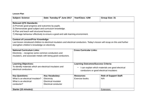KS2 Science Lesson Plan - Electricity