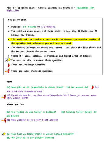 GCSE German AQA General Conversation Theme 2 - Questions and answers