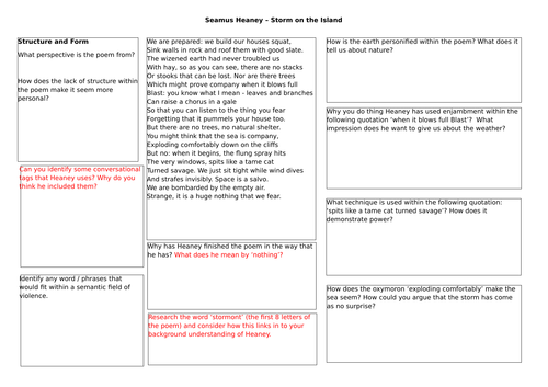A3 Analysis Worksheet - 'Storm on the Island' Seamus Heaney