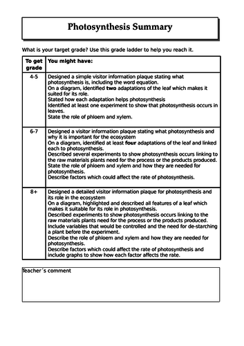 (I)GCSE Photosynthesis Formative Assessment Task