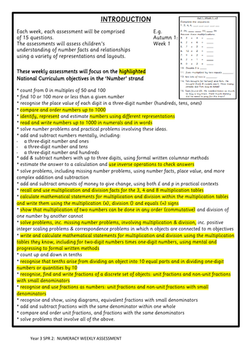 Year 3 weekly maths assessment Spring 2