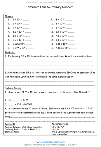 Standard Form to Ordinary Numbers Mastery Worksheet