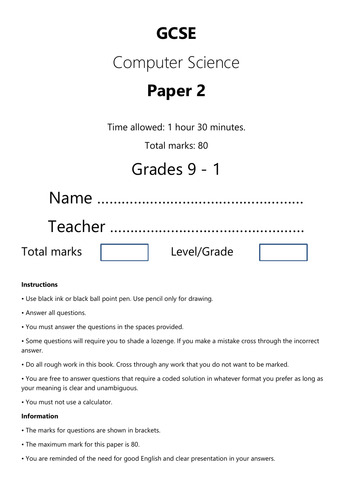 GCSE Computer Science Paper 2 Mock Exam in style of AQA New Spec Grade 9 - 1 8520