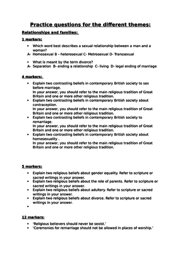 AQA Religious Studies practice questions for themes by Belief1925 ...