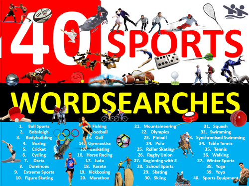 40 x Sports Wordsearches PE Fitness Health Starter Settler Activity Homework Cover Wordsearch