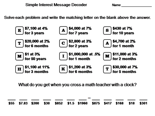 Simple Interest Activity: Math Message Decoder