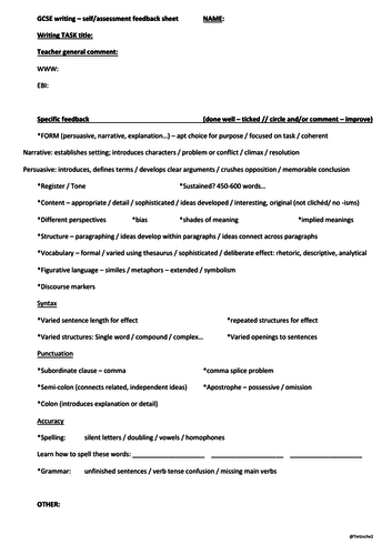 GCSE - writing - detailed feedback and self-assessment sheet