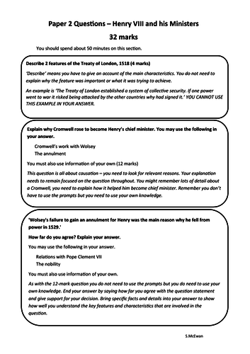 Paper 2 Questions – Henry VIII and his Ministers