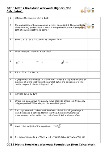 GCSE Maths Non Calc Breakfast Workout