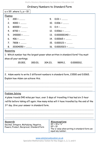 Ordinary Numbers to Standard Form Mastery Worksheet