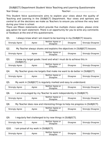 Teaching & Learning Questionnaire for all subjects