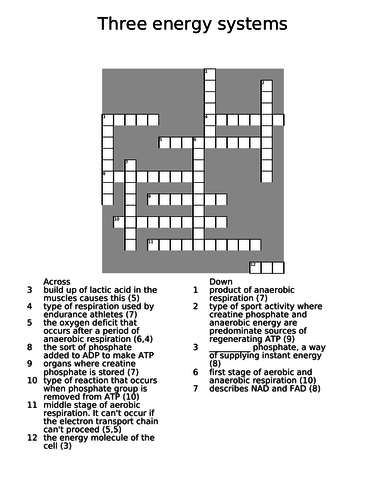 Three energy systems CROSSWORD