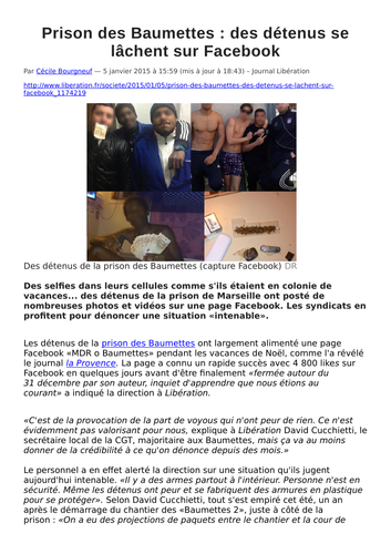 Les prisons en France - vocabulary, reading comprehension, speaking, summary, translation