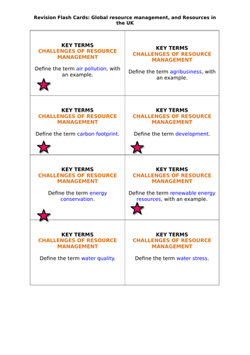 AQA GCSE Geography (2016) Global and UK Resource Managament revision flashcards