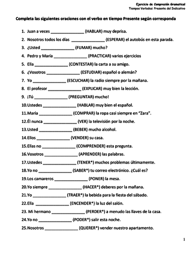 Spanish Present Tense Worksheet with 50  gap filling  exercises