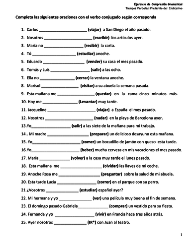 Spanish Past Tense Worksheet with 50 gap filling exercises