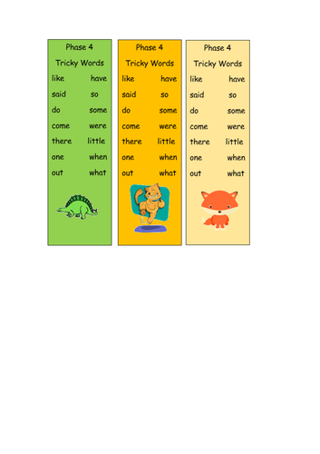 Phase 4 Tricky words and High Frequency Words on Bookmarks / Pocket prompts/ display