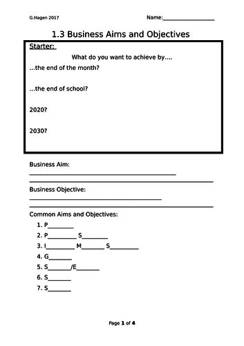 9-1 New Edexcel GCSE Business 1.3 Aims and Objectives Lesson