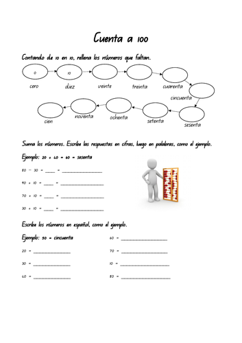 Primary worksheet to practise counting numbers in 10s in Spanish