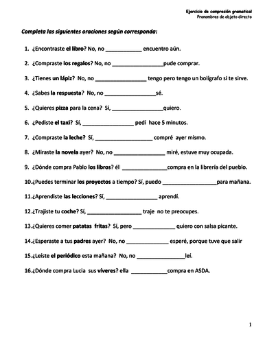 Direct Object Pronouns Spanish Practice