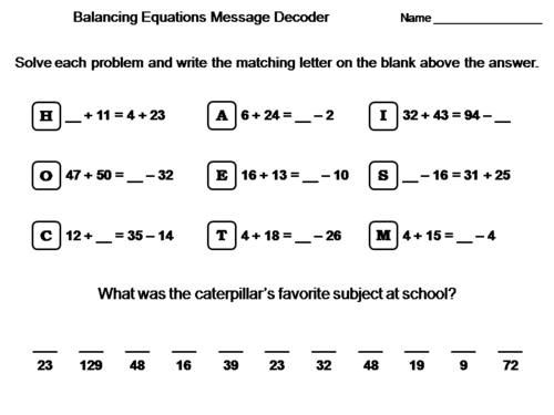 Balancing Equations Activity: Math Message Decoder