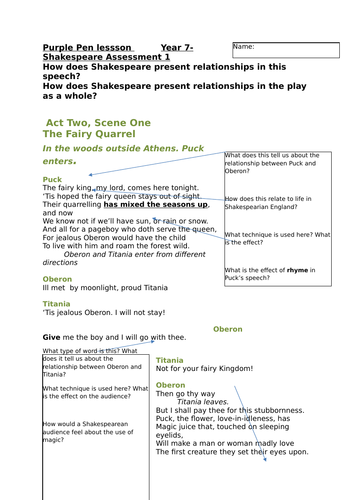 A Midsummer Night's Dream extract with questions. Act 2 Scene 1.
