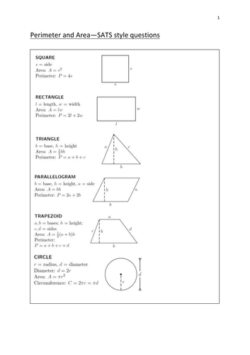 area and perimeter sats style questions for year 78