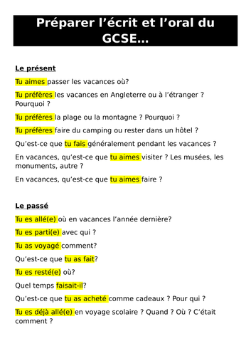 Les vacances - questions dans tous les temps