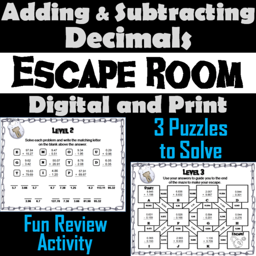 Adding/ Subtracting Decimals Tenths, Hundredths & Thousandths: Math Escape Room