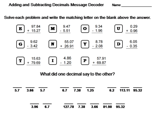 Adding and Subtracting Decimals in the Hundredths Place: Math Message Decoder