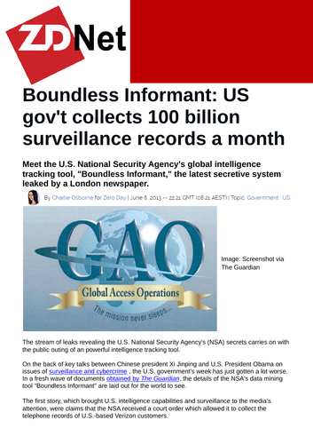 Stasiland - Boundless Informant: US gov't collects 100 billion surveillance records a month