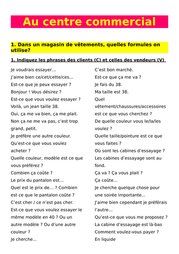 Au magasin - phrases pour acheter