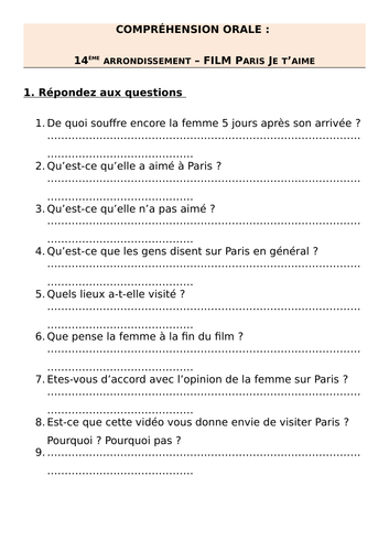 14ème arrondissement - film Paris Je T'aime - compréhension