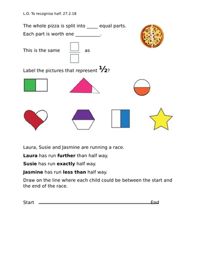 Identifying and finding a half, worksheets for 2 lessons, Year 2