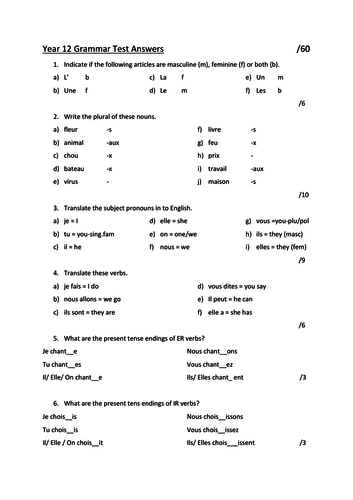 Year 12 French Vocabulary and Grammar Progress Tests with Answers