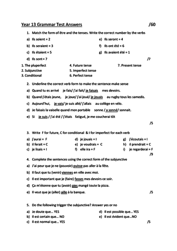 Year 13 French Vocabulary and Grammar Progress Tests with Answers
