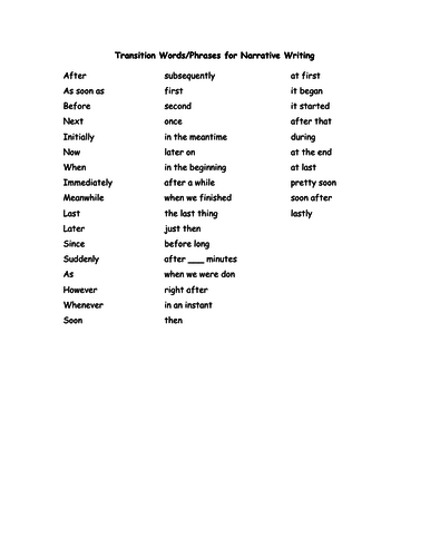 List of Transition Words - Narrative