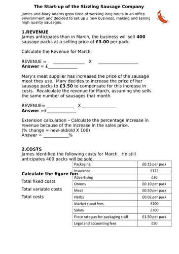 GCSE Business Costs/Revenue/Profit Worksheet with calculations